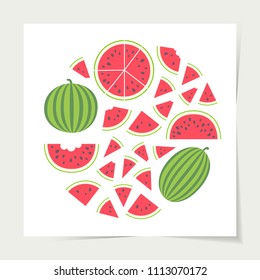 Vector illustration: set of red cone, semicircle and round flat watermelon pieces with black seeds and entire watermelons icons with green striped peel in circle shape isolated on white background