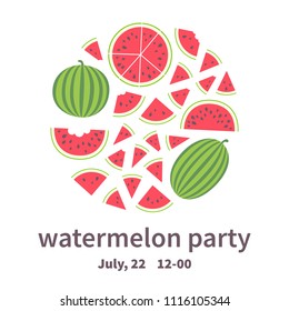 Vector illustration: set of red cone, semicircle and round flat watermelon pieces with black seeds and entire watermelons icons with green striped peel in circle shape isolated on white background