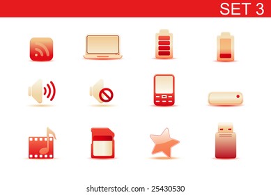 Vector illustration ? set of red elegant simple icons for common computer and media devices functions.Set-3