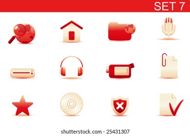 Vector illustration ? set of red elegant simple icons for common computer and media devices functions. Set-7