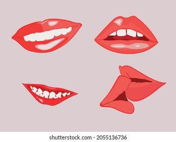 Vector illustration set of red female lips collection. Vector illustration of sexy woman's lips. Smile, kiss. Isolated background.