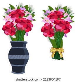 Vector illustration set of red flower bouquet with bow and flowers in vase 