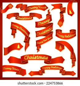 Vector illustration. Set of red and gold Christmas ribbons with text