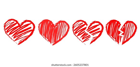 Vector illustration set of red grunge hearts drawing. Rough textured strokes artistic and expressive feel decorative elements for Valentine's Day, romantic designs or greeting cards