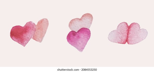 vector illustration set of red hearts in watercolor style