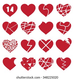 Vector illustration of a set red hearts on white