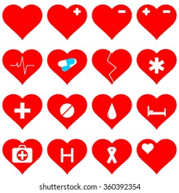 Vector illustration of a set red hearts - medical concepts