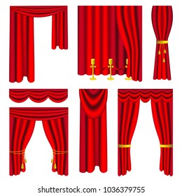 Vector Illustration. Set of red luxury curtains and draperies on white background