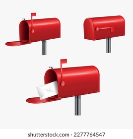 Vector illustration a set of red mailboxes with a closed door, a raised flag, with an open door and a letter inside