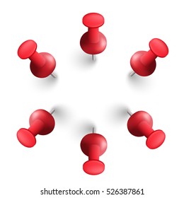 Vector illustration set of red push pins. Realistic. Isolated on white background.