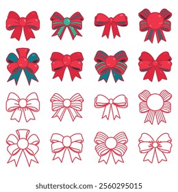  Vector illustration set of red ribbon bows in line art and flat color style, isolated on white background. Perfect for design projects, offering an elegant and creative.