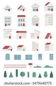 Conjunto de Ilustración vectorial de edificios de techo rojo.