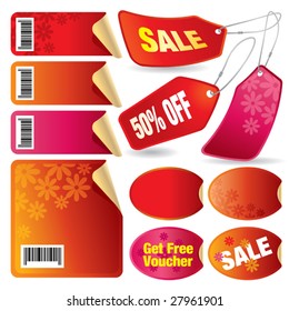 Ilustración vectorial de un conjunto de etiquetas y etiquetas de venta rojas.