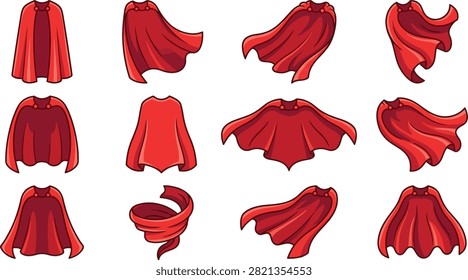 Vector illustration set of red superhero capes isolated on white background featuring dynamic flowing fabric cloaks for comic character design concepts.