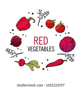 Vector illustration. Set of red vegetables in doodle style with color. 