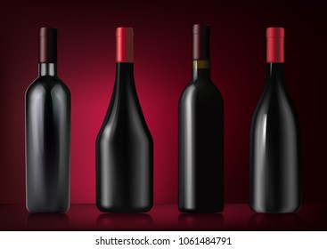 Vector illustration. Set of red wine bottles in photorealistic style. A realistic objects on dark red background. 3D Realism.