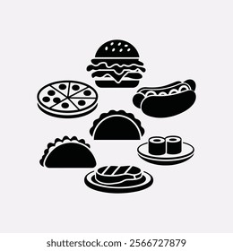 A vector illustration of a set of restaurant logos pizza, hotdog, bun, taco, steak