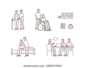 Vector illustration set. retirement home life and consultation scenes.