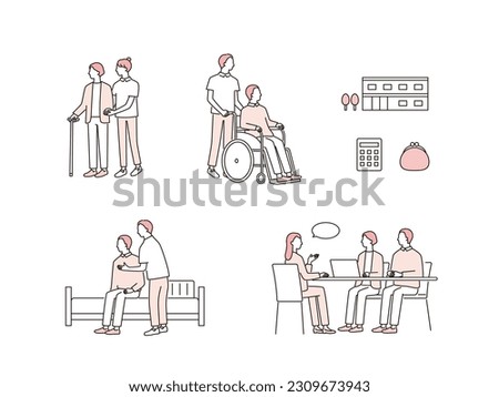 Vector illustration set. retirement home life and consultation scenes.