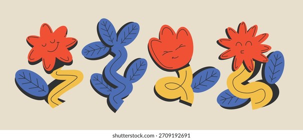 Ilustración vectorial. Conjunto de flores retro, floreciente, groovy. Colección de flores, Elementos de diseño.