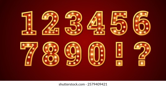 Vector illustration of a set of retro numbers and signs in circus style with glowing bulbs. For theater, cabaret or casino decoration. Isolated red background. Vintage design.