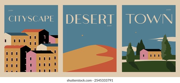 Ilustración vectorial. Conjunto de carteles retro, postales, cubiertas. Ciudad, desierto, pueblo. Afiches de pared, Anuncios. Colección. Estilo Antiguas.