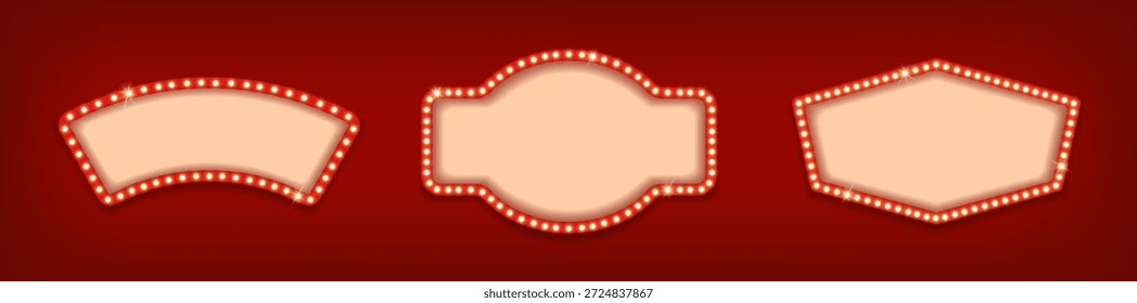 Ilustración vectorial. Conjunto de cartel de circo rojo retro o cartelera de marco de casino con bombillas amarillas sobre fondo rojo.