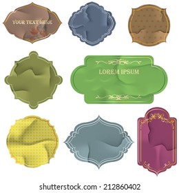 Vector illustration of a set of retro style borders and frames, labels, tags, badges design. Old crumpled paper texture and shadow set.