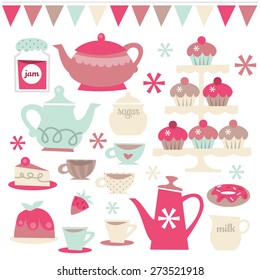 A vector illustration set of retro tea party theme design elements. Included in this set:- teapots, teacups, saucer, cupcakes, cakes, jam and more.