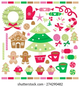 A vector illustration set of retro whimsical christmas treats, sweets and decorations.
