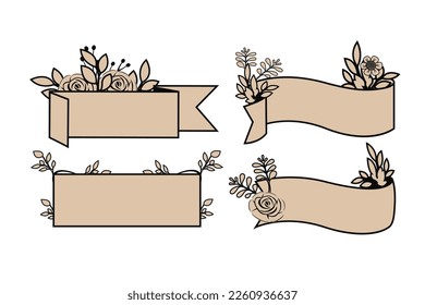 Vector illustration of set ribbon with stylized herbs and leaves, branches. Simple botanical background for card design, cover, banner decoration, label, floral shop. Place for text.