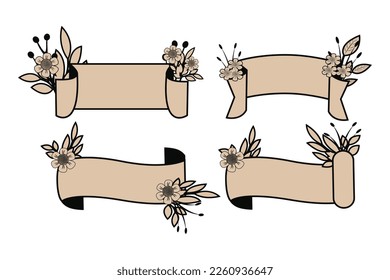 Vector illustration of set ribbon with stylized herbs and leaves, branches. Simple botanical background for card design, cover, banner decoration, label, floral shop. Place for text.
