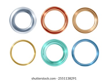 Vector illustration of a set of ring frames with different widths and colors. Realistic, different colored metal rings on an isolated background. Medals or buttons. Game interface.