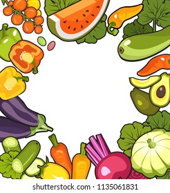 Vector illustration of a set of ripe vegetables in square shape frame on white background with empty space