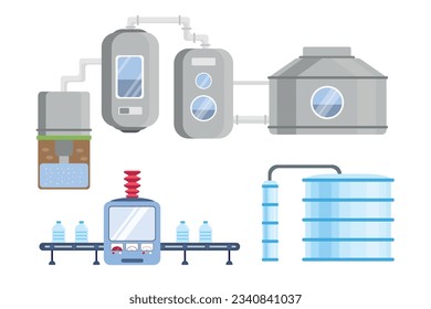 Vector illustration of a set of robotic mechanisms in cartoon style. Equipment for a factory for the production of various products isolated on a white background. Water conservation.
