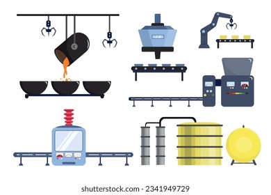 Vector illustration of a set of robotic mechanisms cartoon style. Equipment for a factory for the manufacture of various products isolated on a white background.