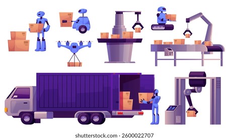 Vector illustration of set with robots, automated machines and drone, loading and delivery in logistics. Intelligent production management. Flat cartoon style. Isolated background.