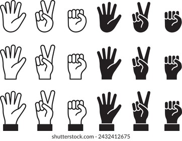 Vector illustration set of rock, paper, scissors hand sign icons