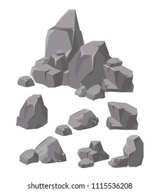 Vector illustration set of rocks and stones grey colors. Cartoon stone and elements for game in flat style.