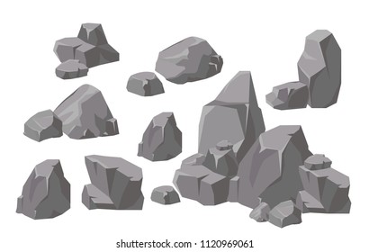 Vector illustration set of rocks and stones elements and compositions in flat cartoon style. Cartoon stone for games and backgrounds.