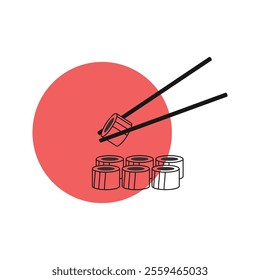 Vector illustration of a set roll, sushi with chopsticks. Asian cuisine. Icons of dishes. Logo.