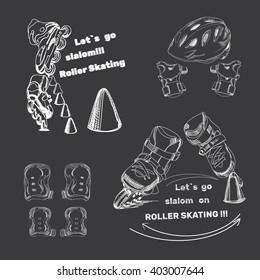 Vector illustration of set for Roller Skates,roller blades with text. Isolated logo  hand drawn elements, helmet, protection, con, roller skates