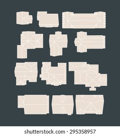 Vector illustration of set of roofs, top view of houses.
