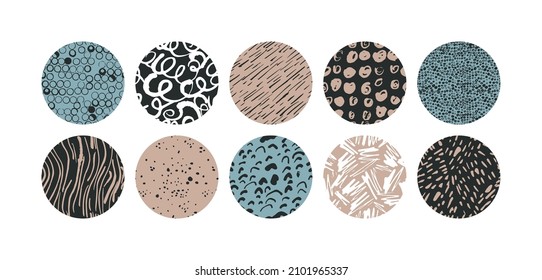 Vector illustration set of round abstract backgrounds or patterns for social media icons template. Contemporary minimal modern trendy doodle. Naive art