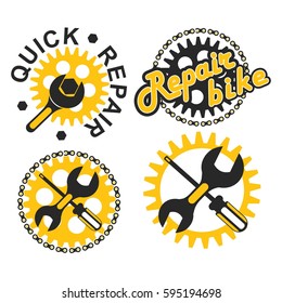 Vector illustration set of round badges signs fast technical assistance service bicycle repair on a white background