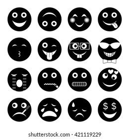 vector illustration set of round black emoticons 