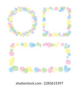 vector illustration set of round, square and rectangular frames of colored transparent soap bubbles on white background