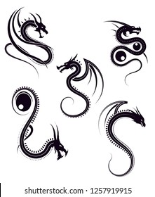 vector illustration, set of round tribal dragon designs, black and white graphics