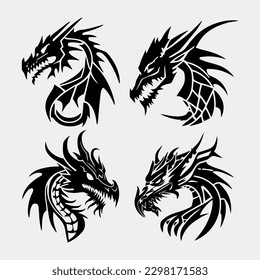 vector illustration, set of round tribal dragon tattoo designs, black and white graphics