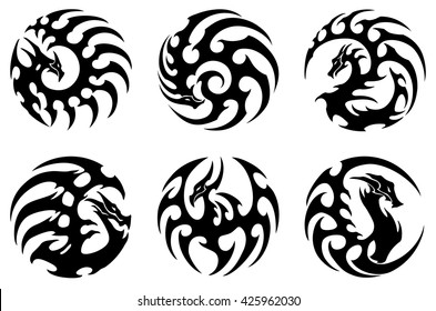 vector illustration, set of round tribal dragon designs, black and white graphics.
suitable for tattoo, pendant or carving.